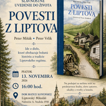 pozvánka s knihou Povesti z Liptova a kreslený obrázok prírody s domami a kostolom